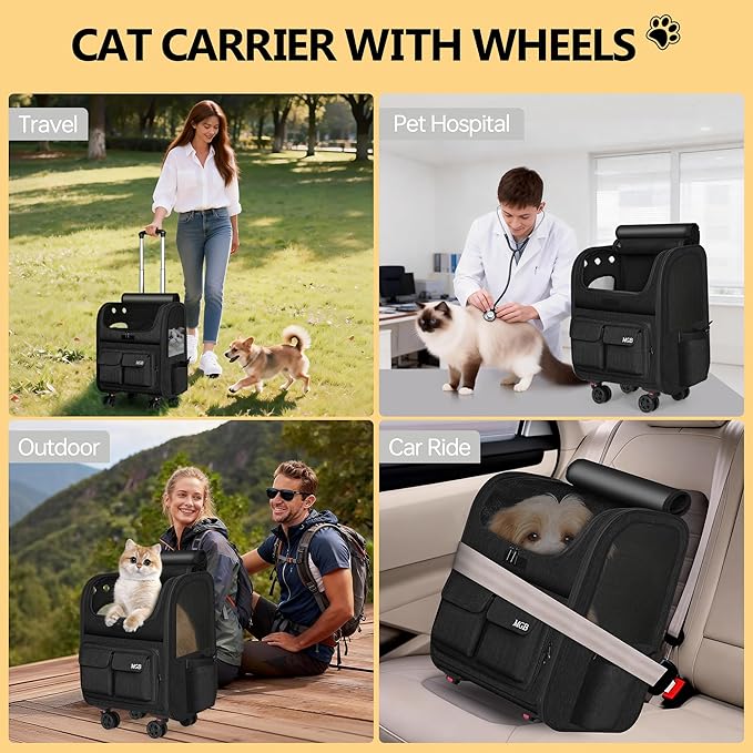 MGB Rolling Cat Carrier with Wheels: Dog Carrier for Small Dogs & Large Cats, Large Cat Carrier with YKK Zipper, Large Capacity, Breathable Mesh, Side Pocket, Black (Not for Airline)