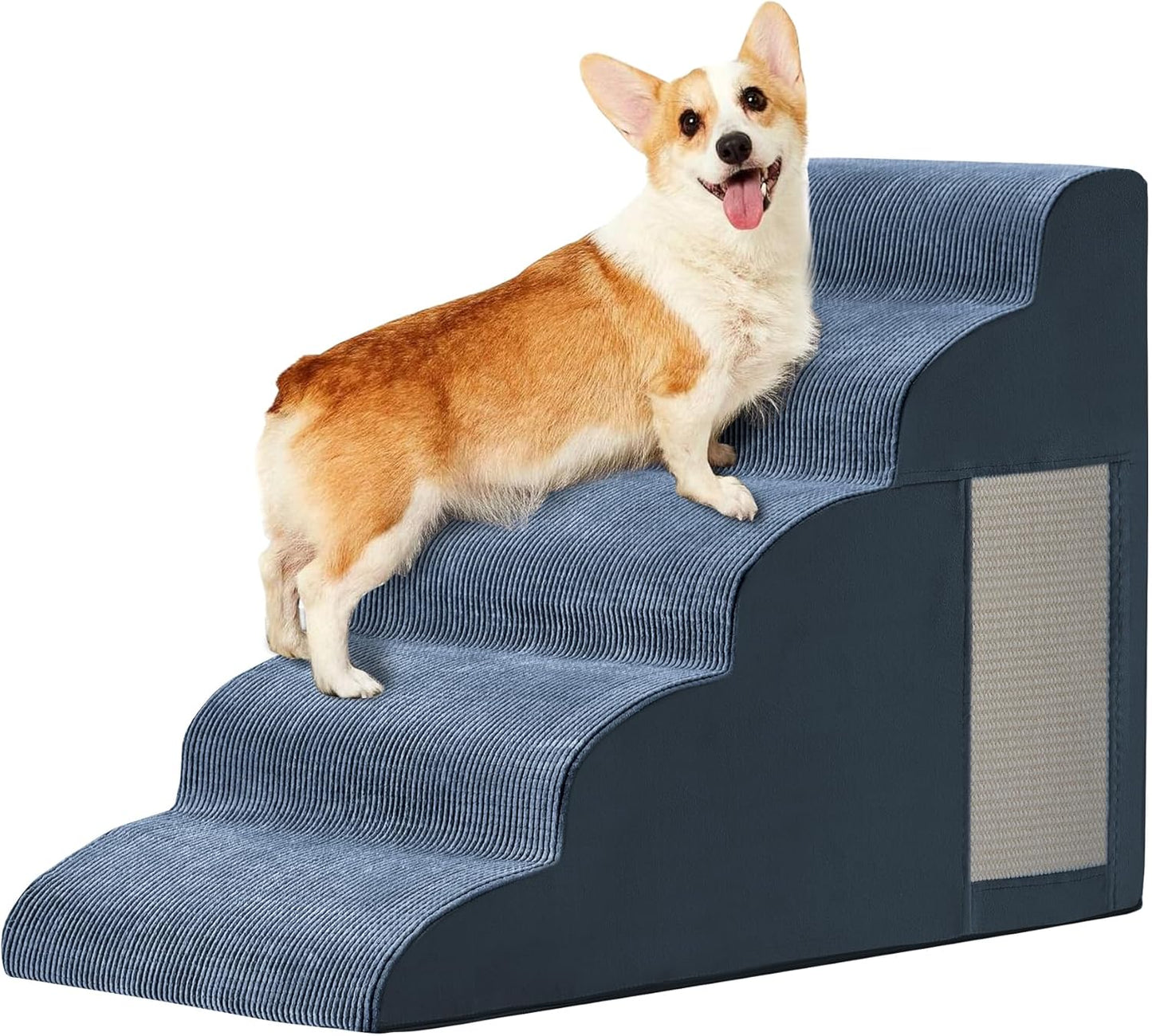 Pet Stairs, Dog Stairs for Small Dogs, Dogs Steps, 5-Step Curved Dog Ramp for Bed, Couch, Sofa, Car and Chairs, Non-Slip Bottom Design, Cat Scratching Board, High Density Foam Portable Pet Step, Navy - Pet Explorer