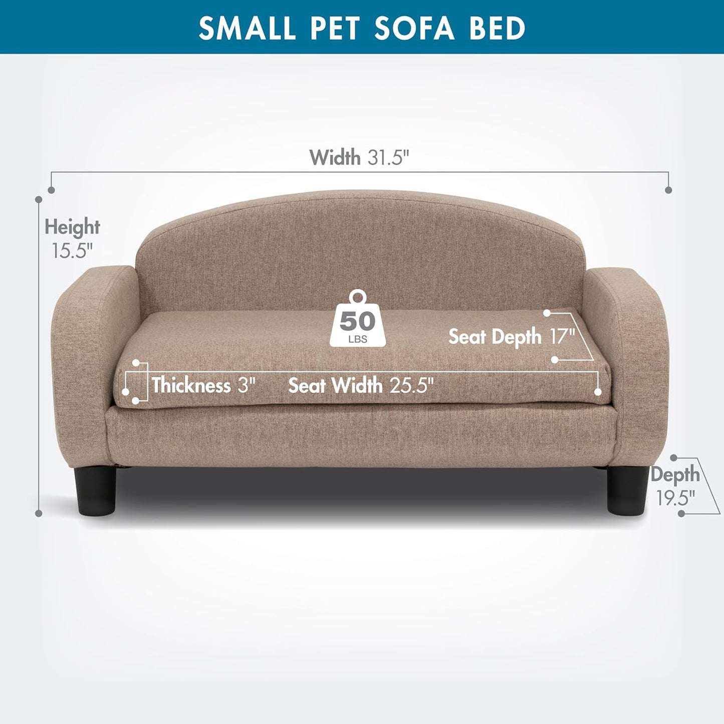 Paws & Purrs Cat Sofa Bed, Pet Couch for Indoor Cats Elevated Cat Beds with Removable Washable Mattress Cover for Kitten, Puppy or Small Animal- 31.5" Wide, Sand - Pet Explorer