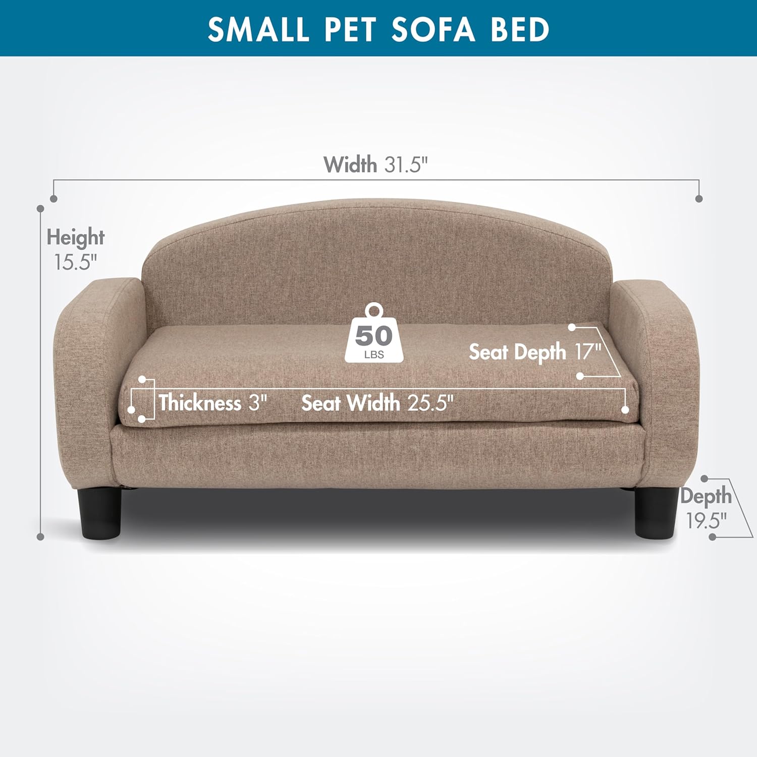 Paws & Purrs Cat Sofa Bed, Pet Couch for Indoor Cats Elevated Cat Beds with Removable Washable Mattress Cover for Kitten, Puppy or Small Animal- 31.5" Wide, Sand - Pet Explorer
