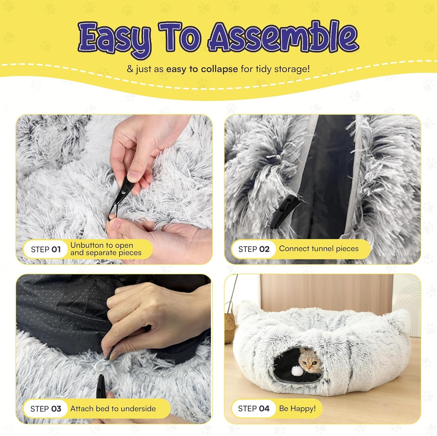 Cat Tunnel Bed Cave with Catnip Toys - Peekaboo Cat Hideaway & Cat Donut Tunnel - 3-in-1 Cat Tunnels for Indoor Cats - Foldable Cute Cat Bed - 32" Washable - Pet Explorer