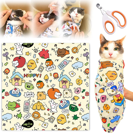 XANGNIER Cat Grooming Wrap with Cat Nail Clippers -Self-Adhesive Cat Swaddle for Nail Clipping, Anti-Scratch & Anti-Escape Cat Restraint for Calm, Safe & Easy Nail Trimming