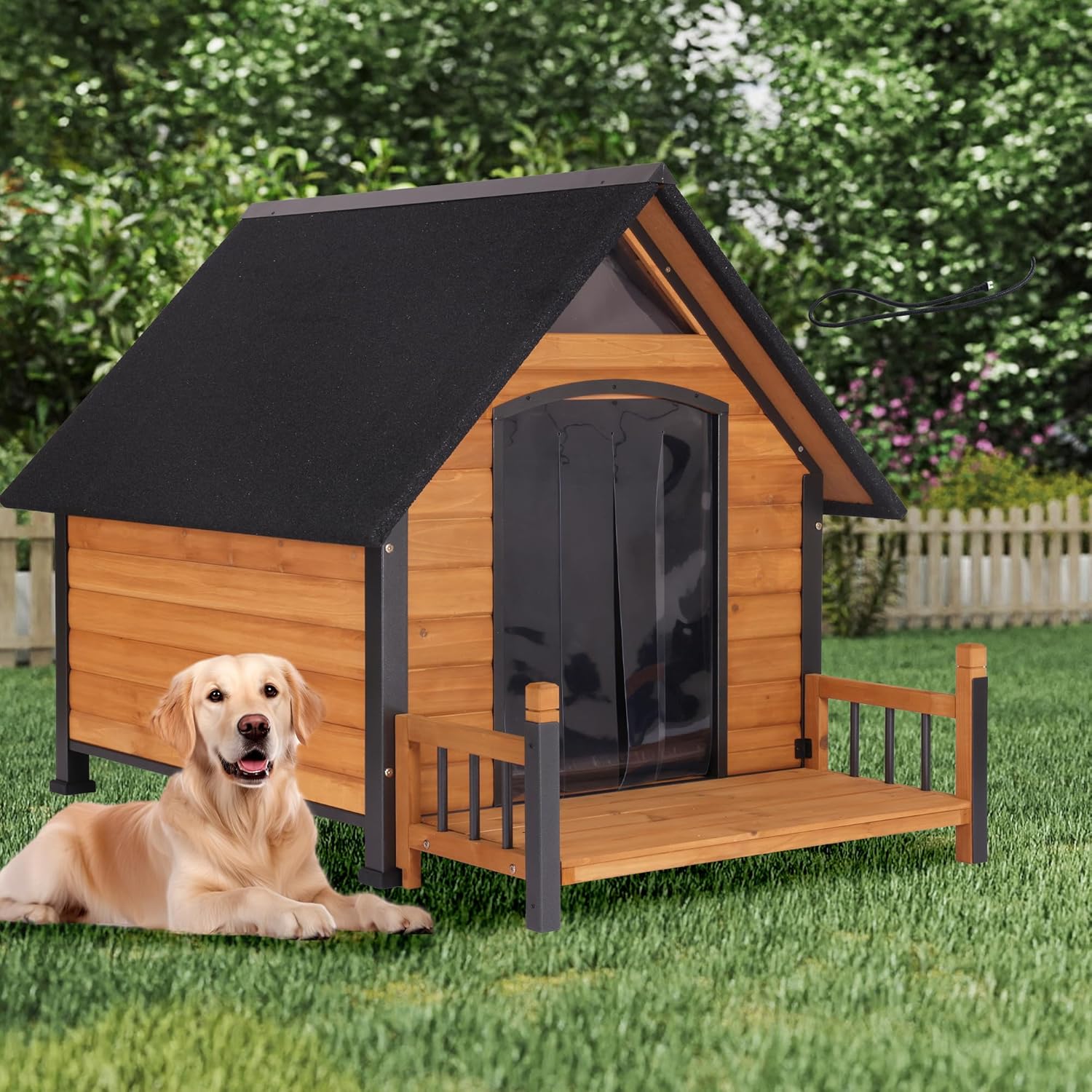 Large Dog House Outdoor Weatherproof with Porch, All-Metal Frame Chew-Proof Dog Kennel with Asphalt Roof, for Small Medium Large Dogs - Pet Explorer