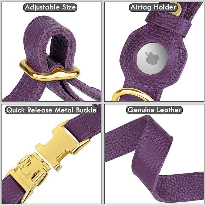 Leather Airtag Dog Collar - Soft Tracking Dog Collar with Apple AirTag Holder and Metal Buckle - Safety GPS Pet Collars for Small Medium Large Dogs Puppy Pink Red (Purple, XL, 20"-25" Neck Fit)