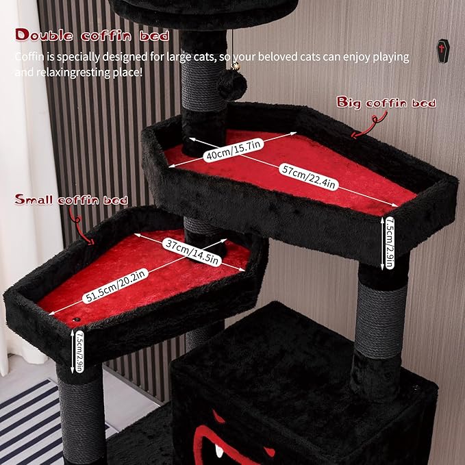 Gothic Cat Tree with Coffin Bed，62.5" Black Cat Tower with Spacious Demon Styled Cat Condo，Cozy Plush Perch, Scratching Posts，Hanging Ball，Multi-Level Cat Activities Furniture for Large Cats
