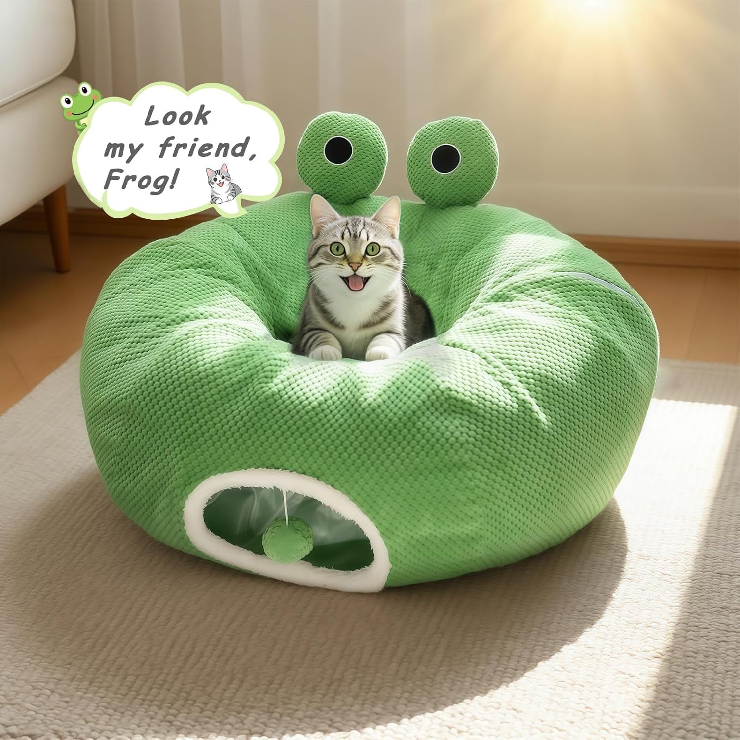 Cat Tunnel Bed for Indoor Cats, Peekaboo Cat Cave Bed,Soft Cat Donut Tunnel for Kitten Large Cats, Cute Frog Shaped - Pet Explorer