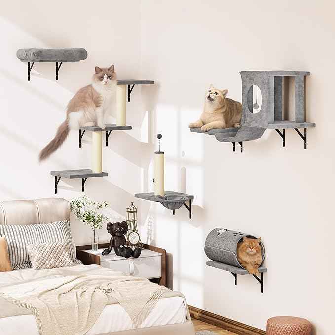NUNU LAB 7-in-1 Wall Mounted Cat Climber Set, Cat Wall Furniture Set with House, Bridge, Steps, Scratcher Post, DIY Playground, Cat Wall Shelves - Gray