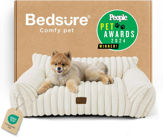 Bedsure Cute Cat Couch for Pets - Fluffy Dog Bed Medium Size Dog with Premium Soft Corduroy Fleece, Pet Sofa with Removable Washable Cover, Supportive Couch Bed for Small Medium Dogs, 30inch, Cream - Pet Explorer