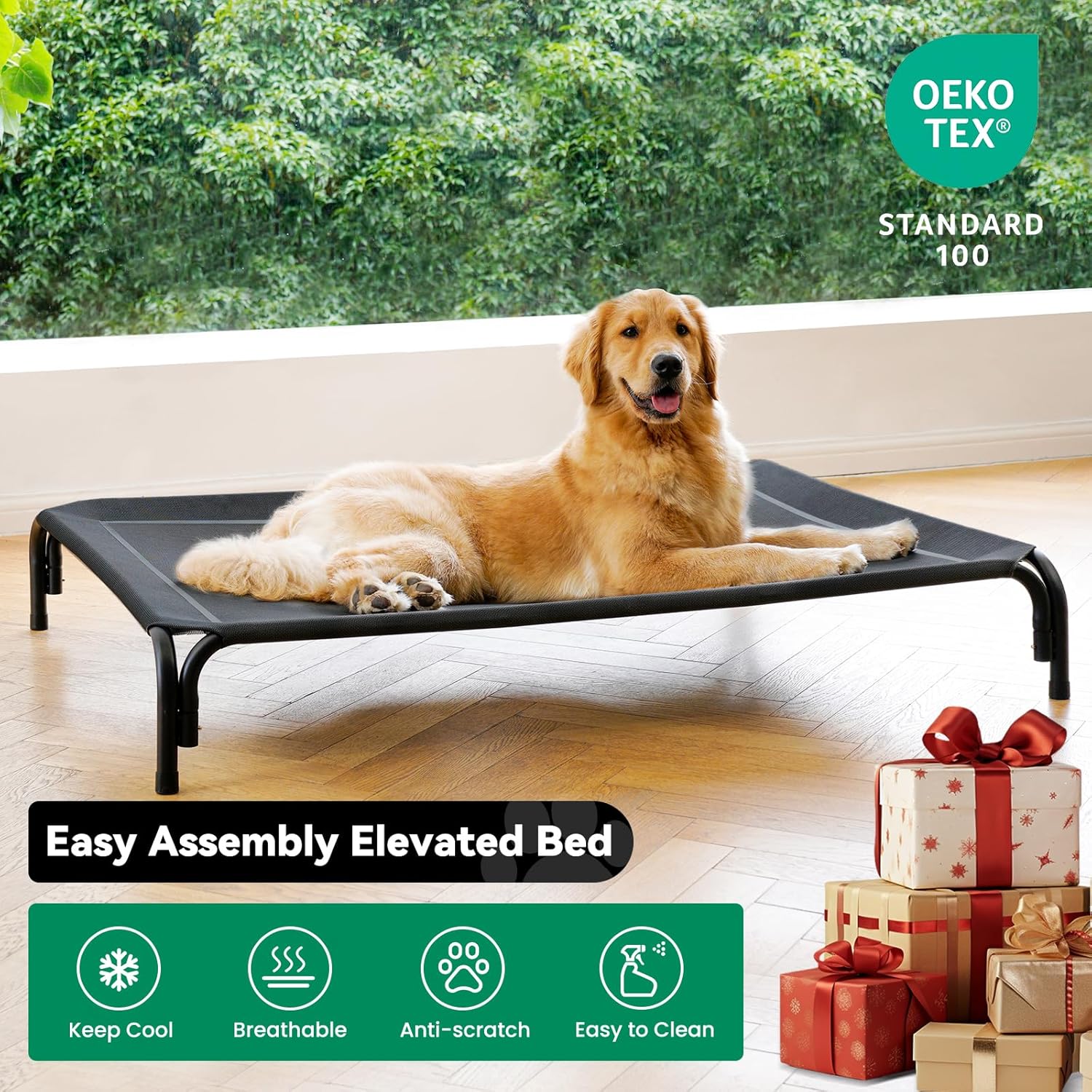 Elevated Dog Bed Raised Outdoor Dog Cot for Medium Dogs, Installation Requires No Tools, Frame with Washable Cooling Breathable Mesh Anti-Slip Feet, Indoor Pet Bed, Black, 35.4 Inches - Pet Explorer