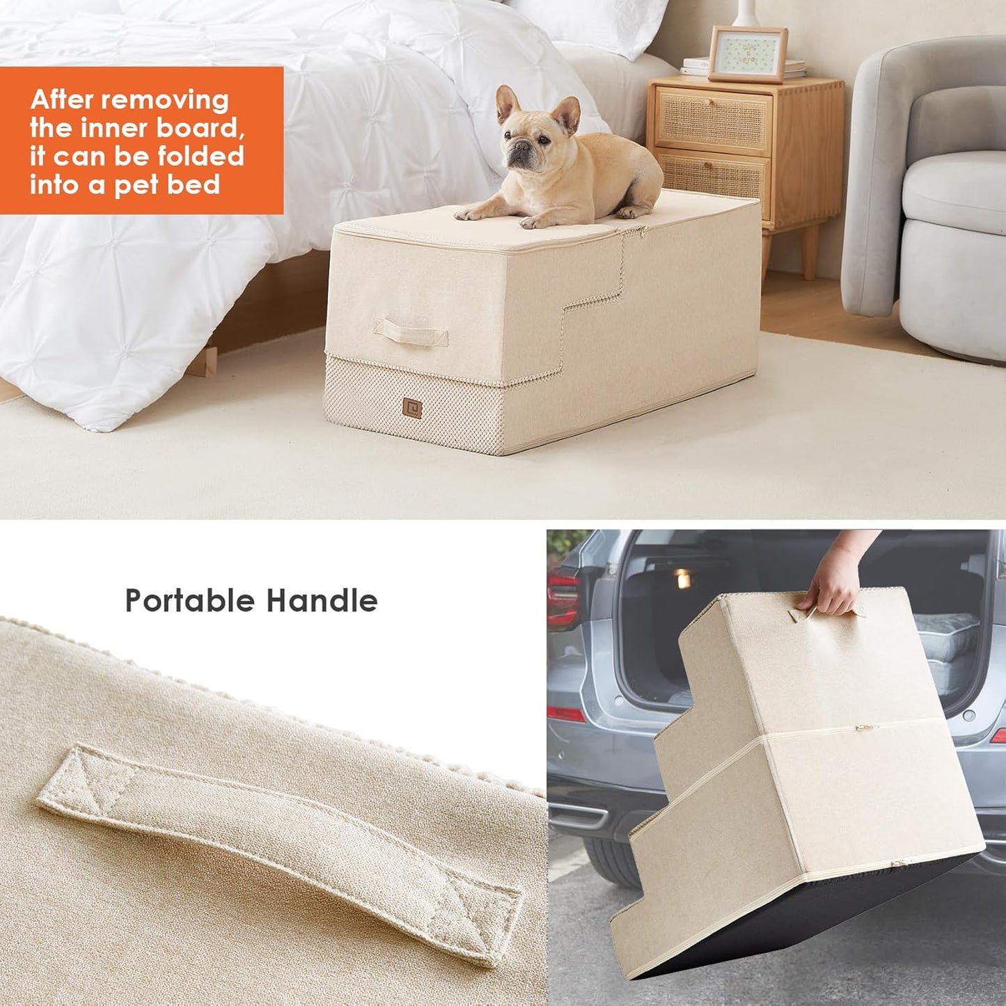 EHEYCIGA Dog Stairs for High Bed 25" H, 5-Step Extra Wide Dog Steps for Bed, Pet Steps for Small Dogs and Cats, Non-Slip Balanced Pet Ramp Indoor, Beige - Pet Explorer