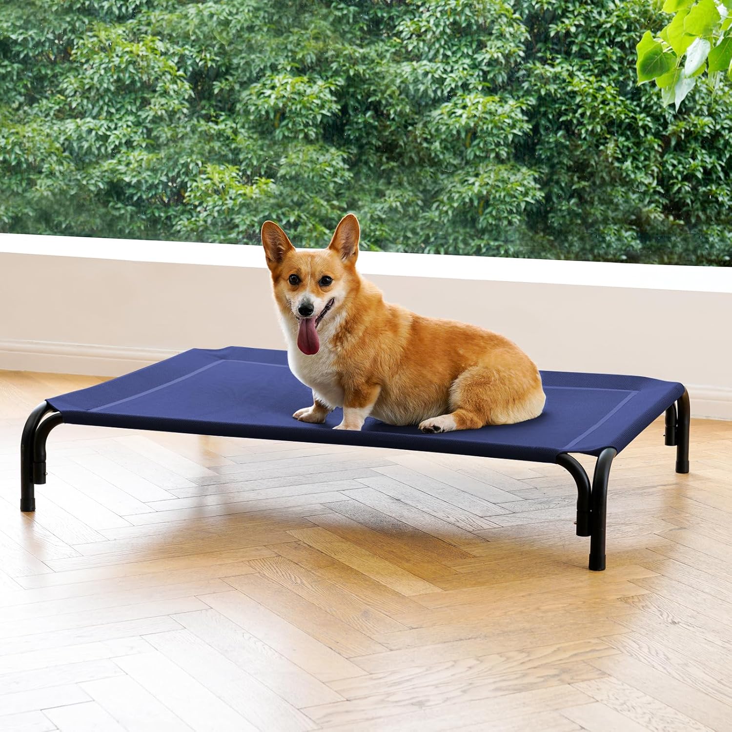 Elevated Dog Bed Raised Outdoor Dog Cot for Medium Dogs, Installation Requires No Tools, Frame with Washable Cooling Breathable Mesh Anti-Slip Feet, Indoor Pet Bed, Blue, 35.4 Inches - Pet Explorer