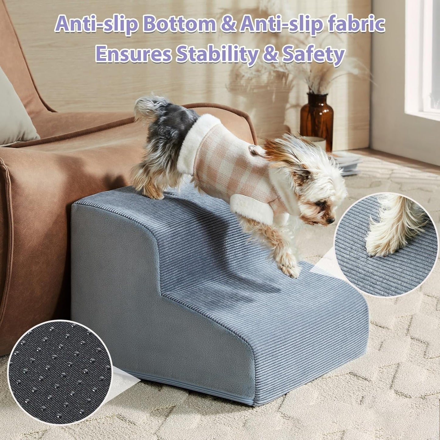 Dog Stairs for Small Dogs, 2-Steps Dog Ramp for Couch, Pet Stairs with Highly Supportive Foam and Non-Slip Bottom, Pet Steps for Cat & Doggie (High 11.8 Inch) - Pet Explorer