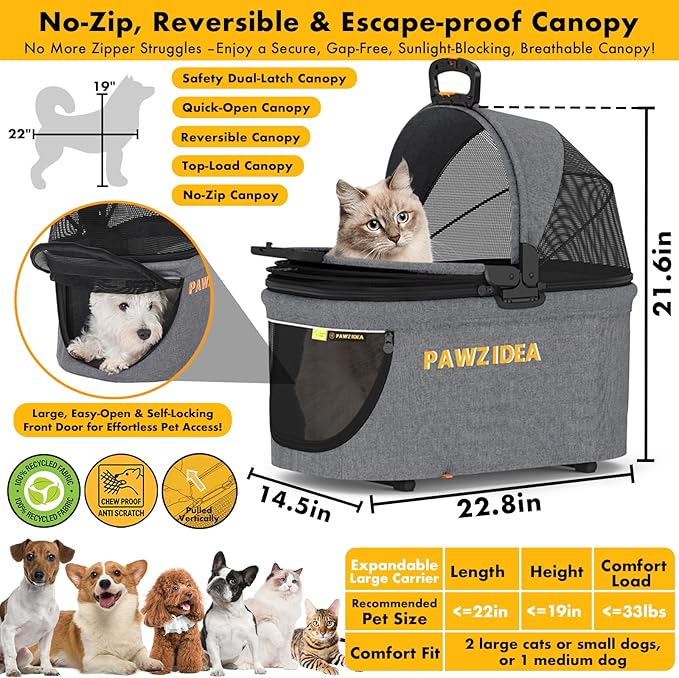PAWZIDEA Portable Small Dog Crate for Car Travel, Enclosed Pet Car Seat for Small/Medium Dogs & Cats up 33 lb, Reversible No-Zip Canopy, Soft-Sided Pet Carrier Basket, Foldable Dog Kennel, Metal Frame