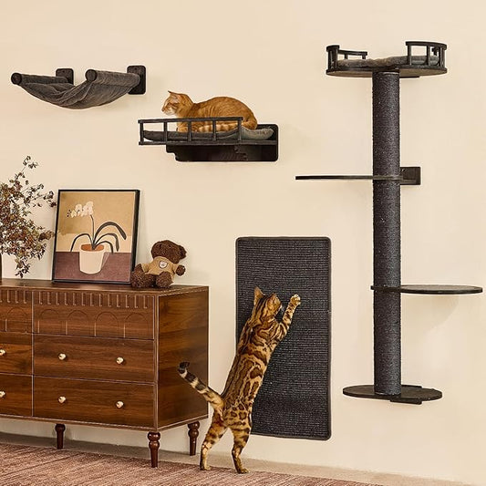 FUKUMARU Cat Wall Shelves, 4 in 1 Stable Wooden Wall-Mounted Furniture Set, Climbing Tree with Hammock, Bed, Perch and Scratching Mat (Black)