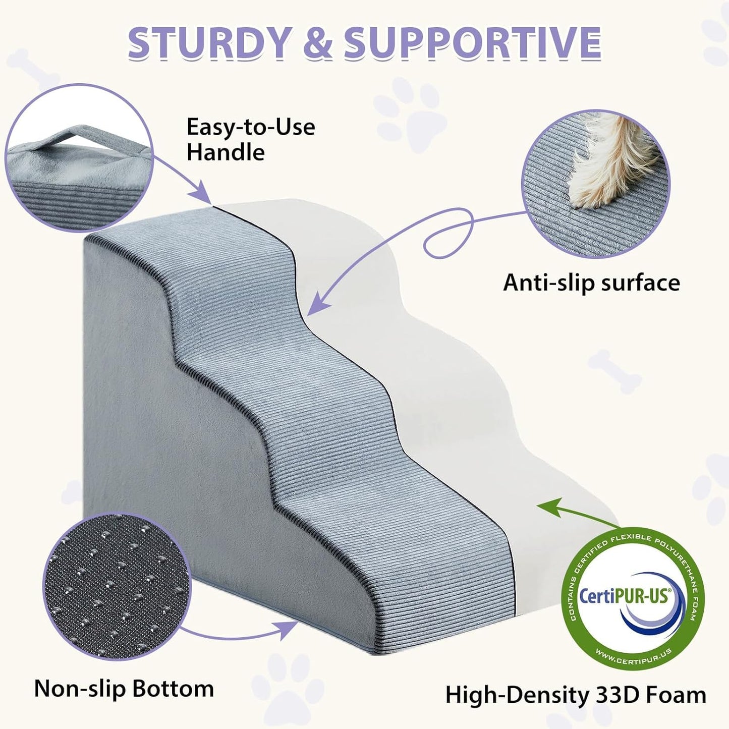 Dog Stairs for Small Dogs, 2-Steps Dog Ramp for Couch, Pet Stairs with Highly Supportive Foam and Non-Slip Bottom, Pet Steps for Cat & Doggie (High 11.8 Inch) - Pet Explorer