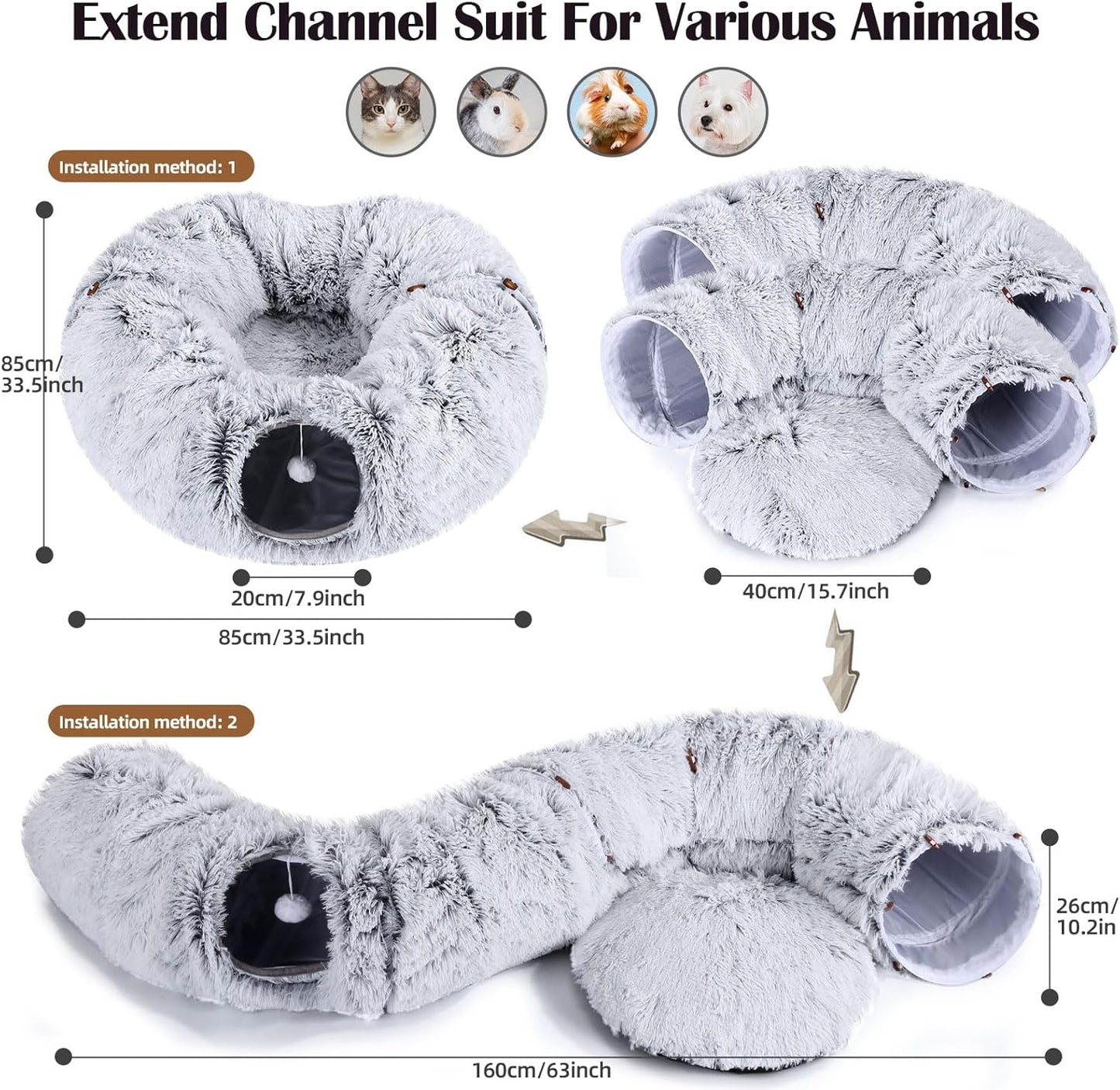 Odoland Cat Tunnel Bed with 20 Cat Toys - Indoor Plush Kitten Couch, Detachable Cats Cave Donut Tunnel & Soft Kitten Toy Set - Cozy Cat Furniture, White - Pet Explorer