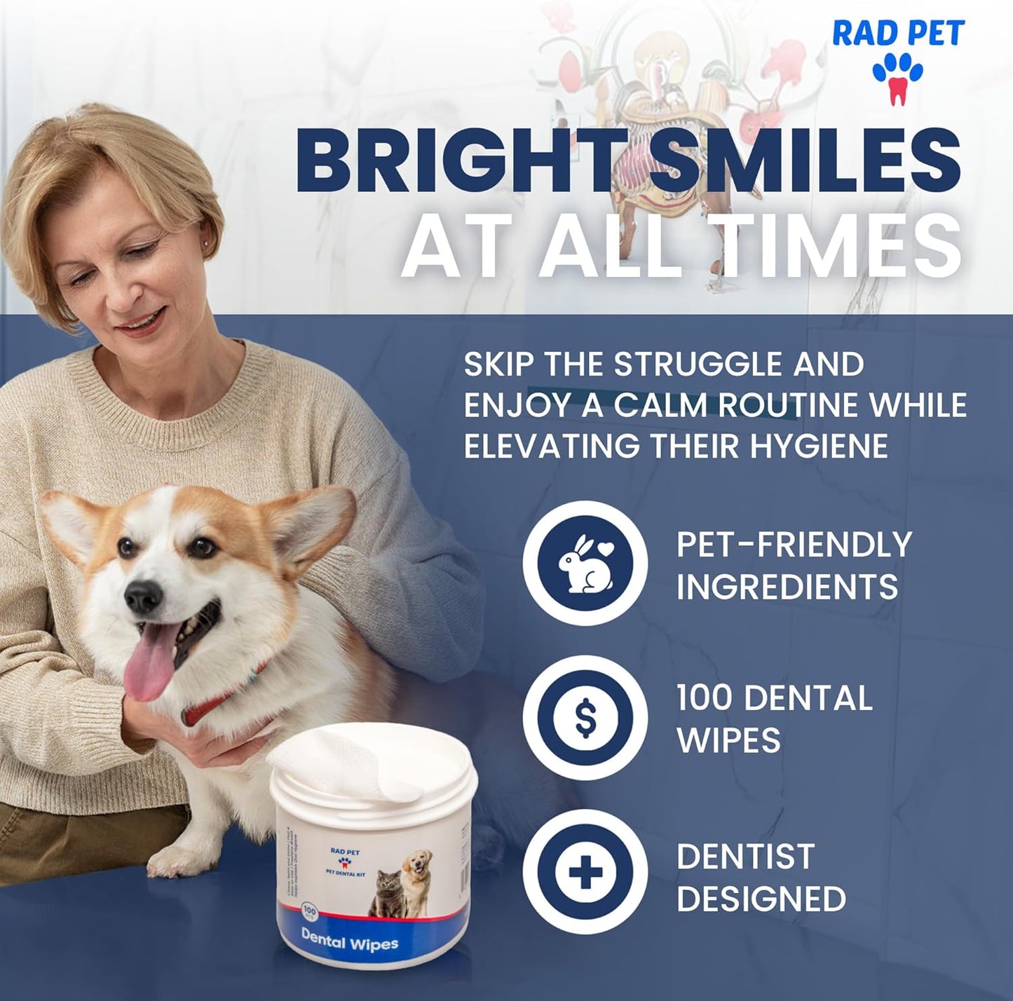 Rad Health Dog Dental Wipes - 100ct Pet Dental Finger Wipes, Easy No-Brush Teeth Cleaning, Removes Plaque & Tartar, Boosts Oral Hygiene, Freshens Breath, Gentle on Mouth, Strong on Build-Up - Pet Explorer