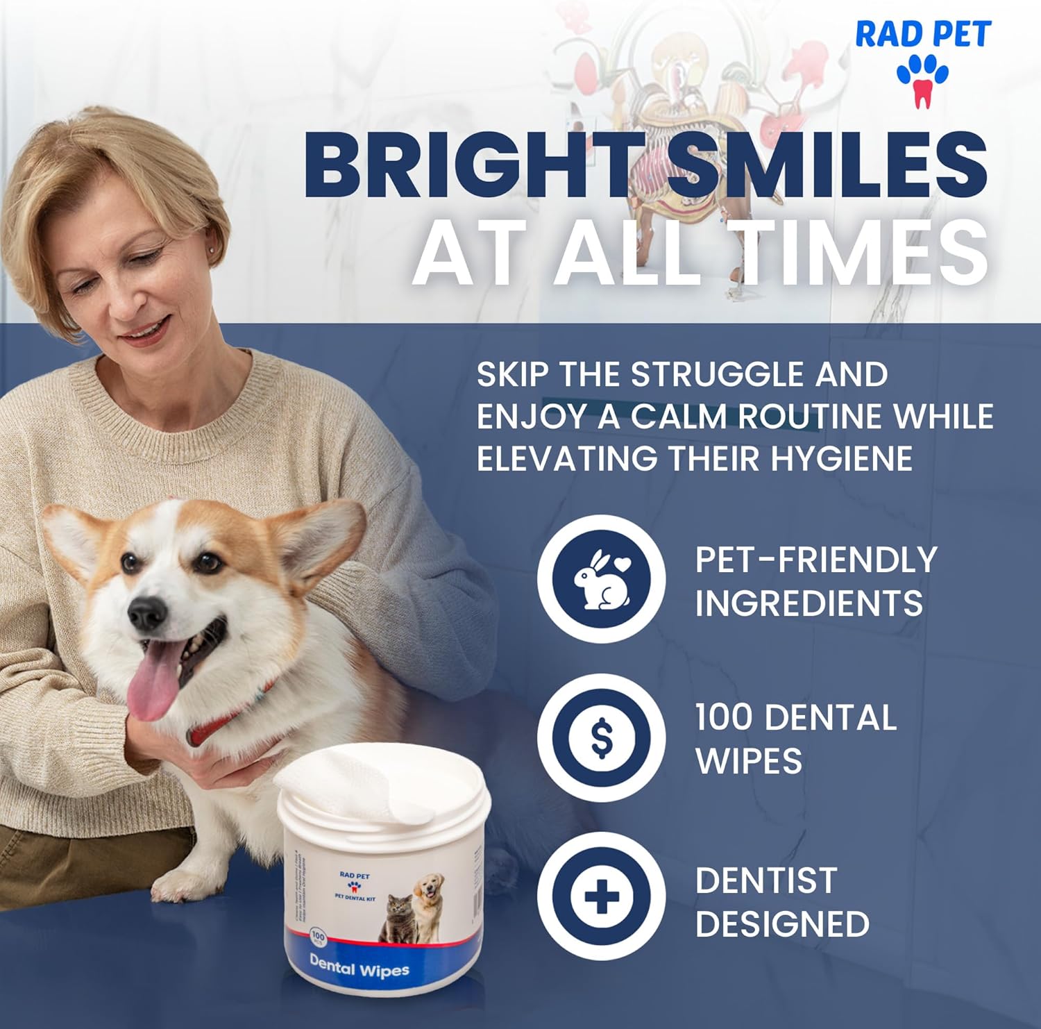 Rad Health Dog Dental Wipes - 100ct Pet Dental Finger Wipes, Easy No-Brush Teeth Cleaning, Removes Plaque & Tartar, Boosts Oral Hygiene, Freshens Breath, Gentle on Mouth, Strong on Build-Up - Pet Explorer