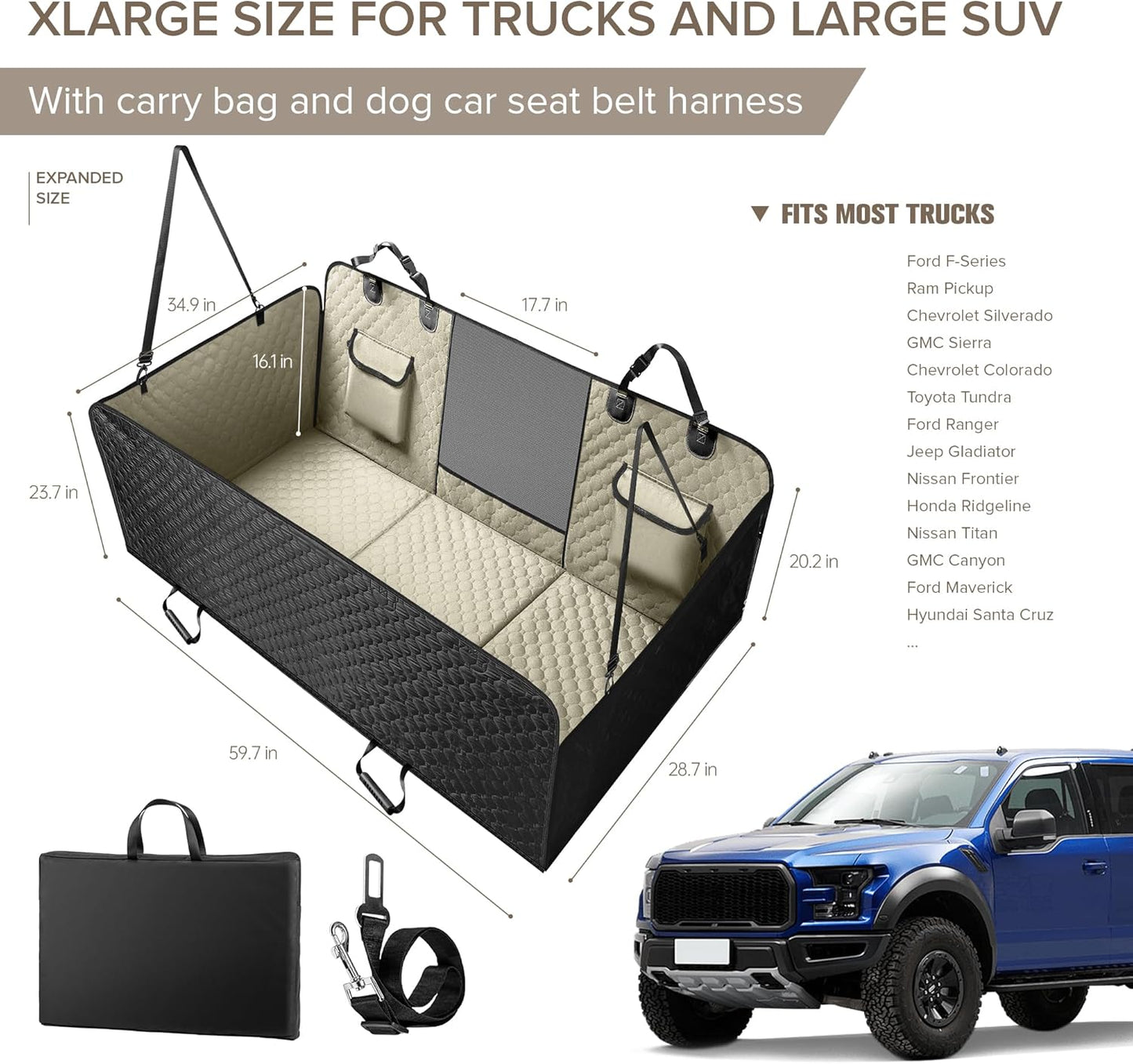 SHARLOVY XL Truck Back Seat Extender for Dogs, Large Hard Bottom Dog Car Seat Cover for Back Seat, Heavy Duty Dog Car Hammock, Waterproof Pet Seat Covers for Trucks, F150, Ram1500 and Large SUV - Pet Explorer