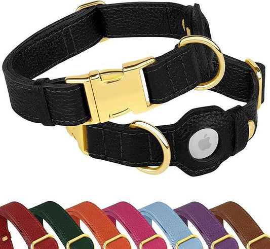 Leather Airtag Dog Collar - Soft Tracking Dog Collar with Apple AirTag Holder and Metal Buckle - Safety GPS Pet Collars for Small Medium Large Dogs Puppy Pink Red (Black, XS, 9"-12" Neck Fit)