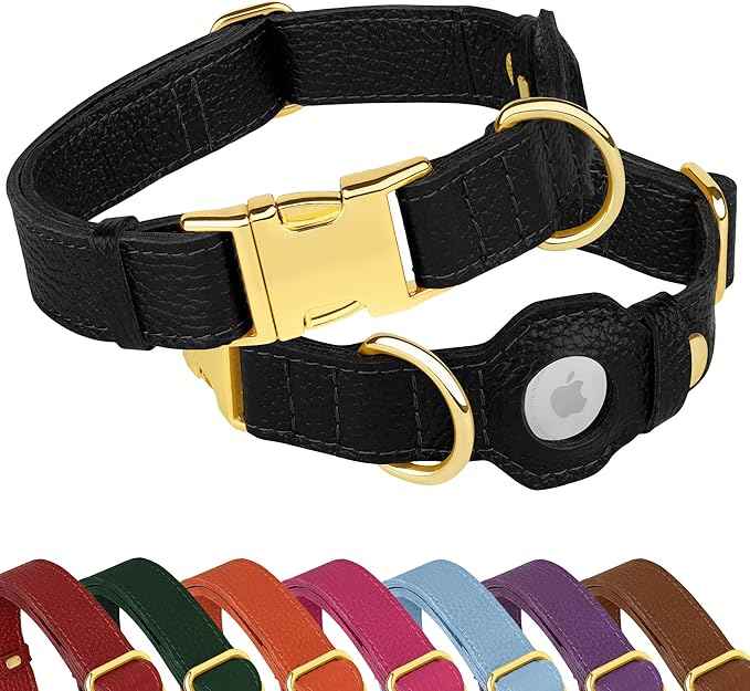 Leather Airtag Dog Collar - Soft Tracking Dog Collar with Apple AirTag Holder and Metal Buckle - Safety GPS Pet Collars for Small Medium Large Dogs Puppy Pink Red (Black, L, 17"-21" Neck Fit)