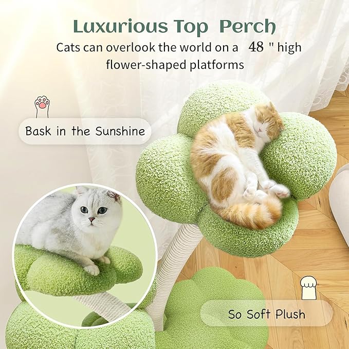 FKWin 48" Tall Cat Tree,Flower Shape Design,Scratching Post Condo,Multi-Level Furniture Activity Center,Kittens Pet House Play with Hang Ball,Plush Cat Tower for Large Cats (Green-3 Tiers)