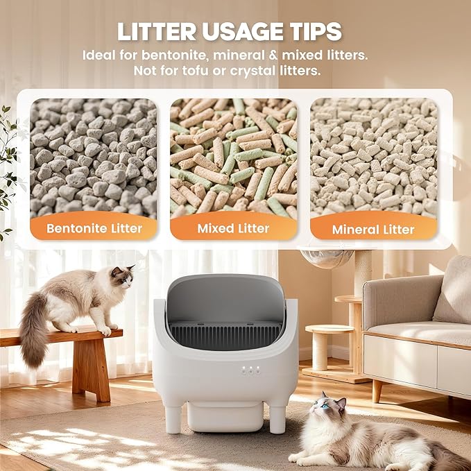 Greesum Self Cleaning Cat Litter Box – Automatic Open-Top Smart Litter Box with App Control, 15L Odor-Sealed Waste Bin, Ultra Quiet 35dB, Multi-Cat & Large Cat Compatible, with Trash Bags & Mat