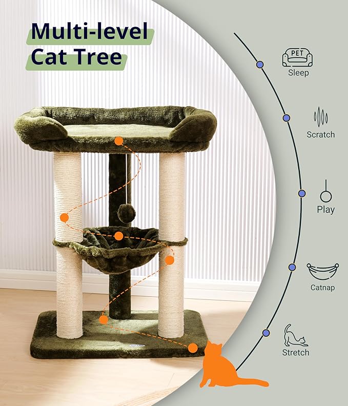Happi N Pets 28" Cat Tree Tower, Tall Cat Scratching Post with Soft Perch for Window Viewing, Large Bed for Big Cats, Stable & Compact Cat Tower with Hammock, Removable Cover-Green