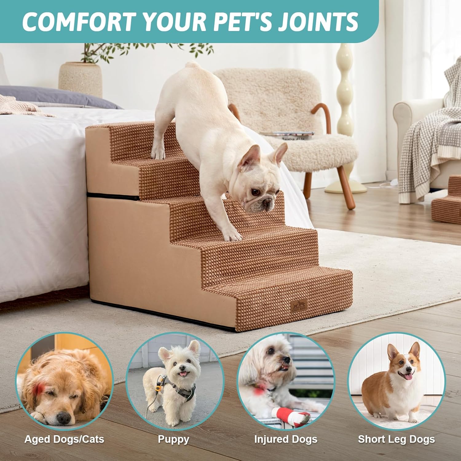 Dog Stairs for Small Dogs, 5 Tier Removable Wider Pet Stairs for Couch and Bed, 23.6" H Non-Slip Dog Steps for Puppies and Old Cats with Support Board, 29.5x19.7x23.6 inch, Light Brown - Pet Explorer