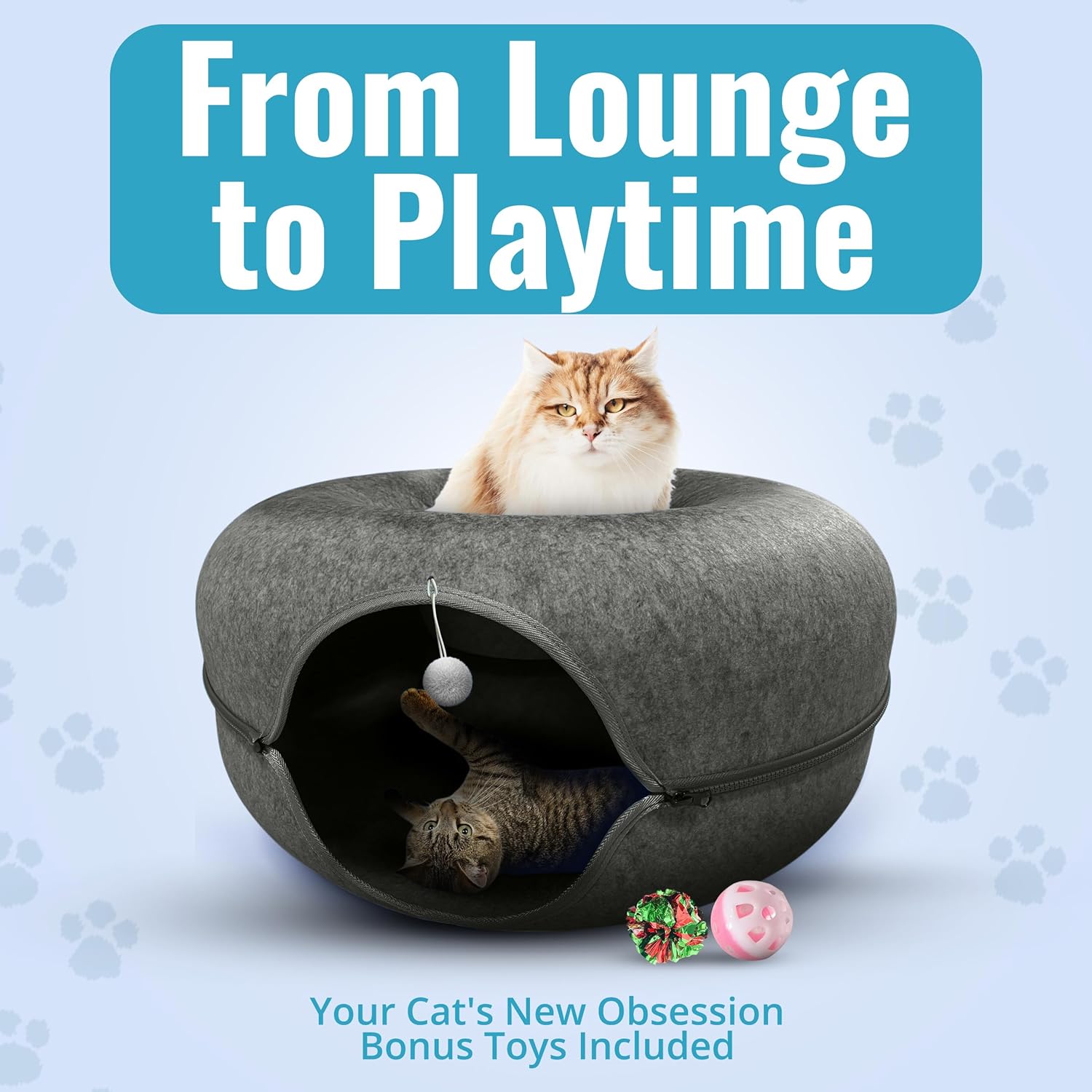 Okoco Cat Tunnel Bed for Indoor Cats Large, 24" Peekaboo Cat Cave Donut Bed for Pets up to 45lbs, 2-in-1 Round Tube with Hanging Ball Toy & Removable Machine Washable Parts (Dark Gray) - Pet Explorer