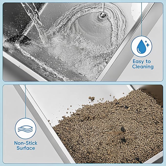 Stainless Steel Cat Litter Box with Lid, XL Metal Litter Box, Extra Large Litterbox for Big Cats, High Sided | Easy Cleaning | Odor-Free Includes Scoop and Mat