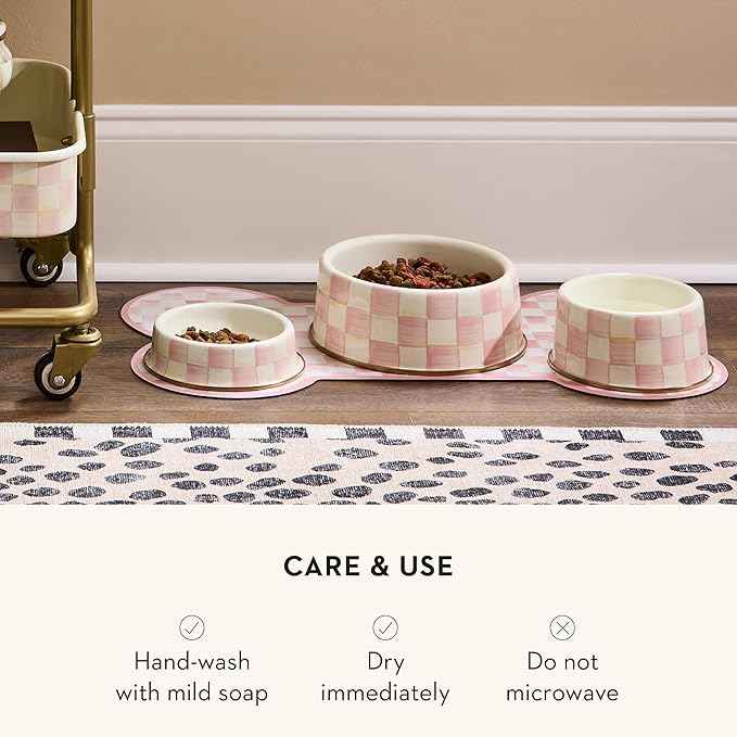 MACKENZIE-CHILDS Enamel Pet Bowl, Cute Cat and Dog Bowl for Food and Water, Large, Pink-and-White Rosy Check