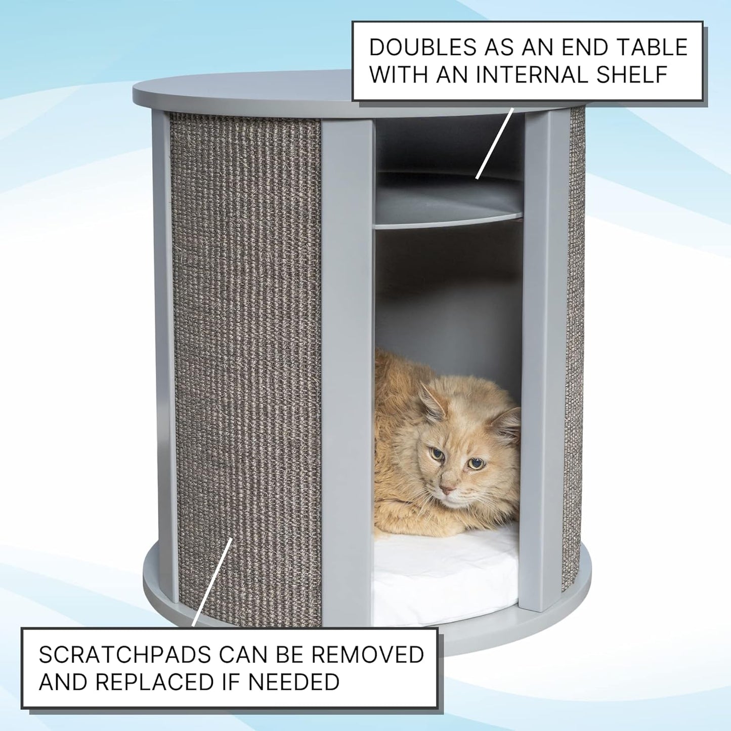 THE REFINED FELINE Purrrrfect End Table Cat Bed Cave in Smoke Gray, Multipurpose Wood Cat Furniture Nightstand, Easy to Clean Covered Cat Bed with Replaceable Scratching Post & Washable Cushion - Pet Explorer