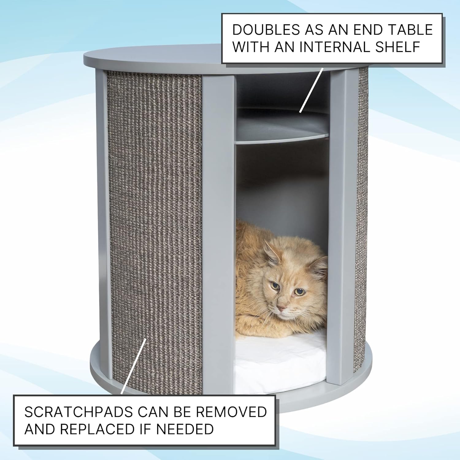 THE REFINED FELINE Purrrrfect End Table Cat Bed Cave in Smoke Gray, Multipurpose Wood Cat Furniture Nightstand, Easy to Clean Covered Cat Bed with Replaceable Scratching Post & Washable Cushion - Pet Explorer