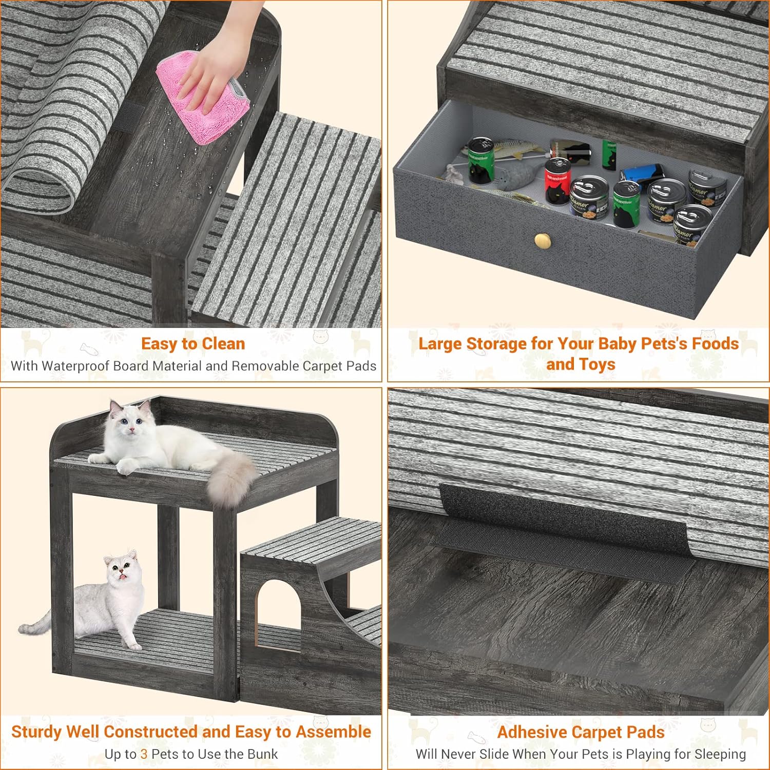 Cyclysio Super Large Multi-Level Pet Bunk Bed with Stairs, Mats, Drawers for Indoor Use, Grey - Pet Explorer