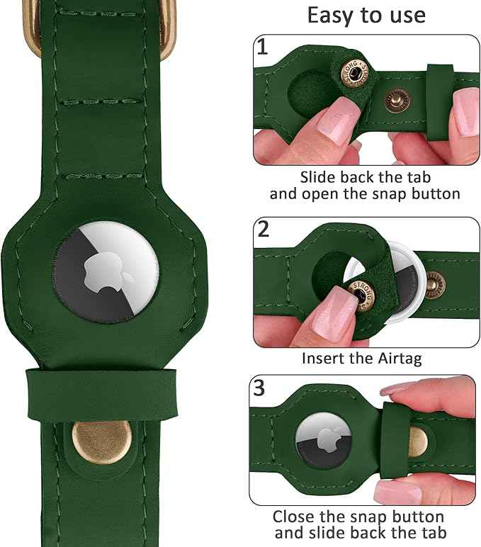 AirTag Dog Collar - Genuine Leather Dog Collar with Apple AirTag Holder and Metal Buckle - Smart GPS Tracking Pet Collars (Dark Green, L, 17"-21" Neck Fit)