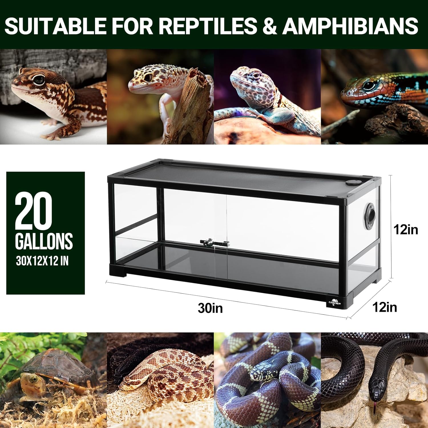 20 Gallon Reptile Tank, 30" x 12" x 12" Reptile Terrarium, Top Screen Ventilation, Sliding Door, Cable & Fogger Pass, Glass Enclosure for Bearded Dragon, Lizard, Gecko, Frog, Snake - Pet Explorer
