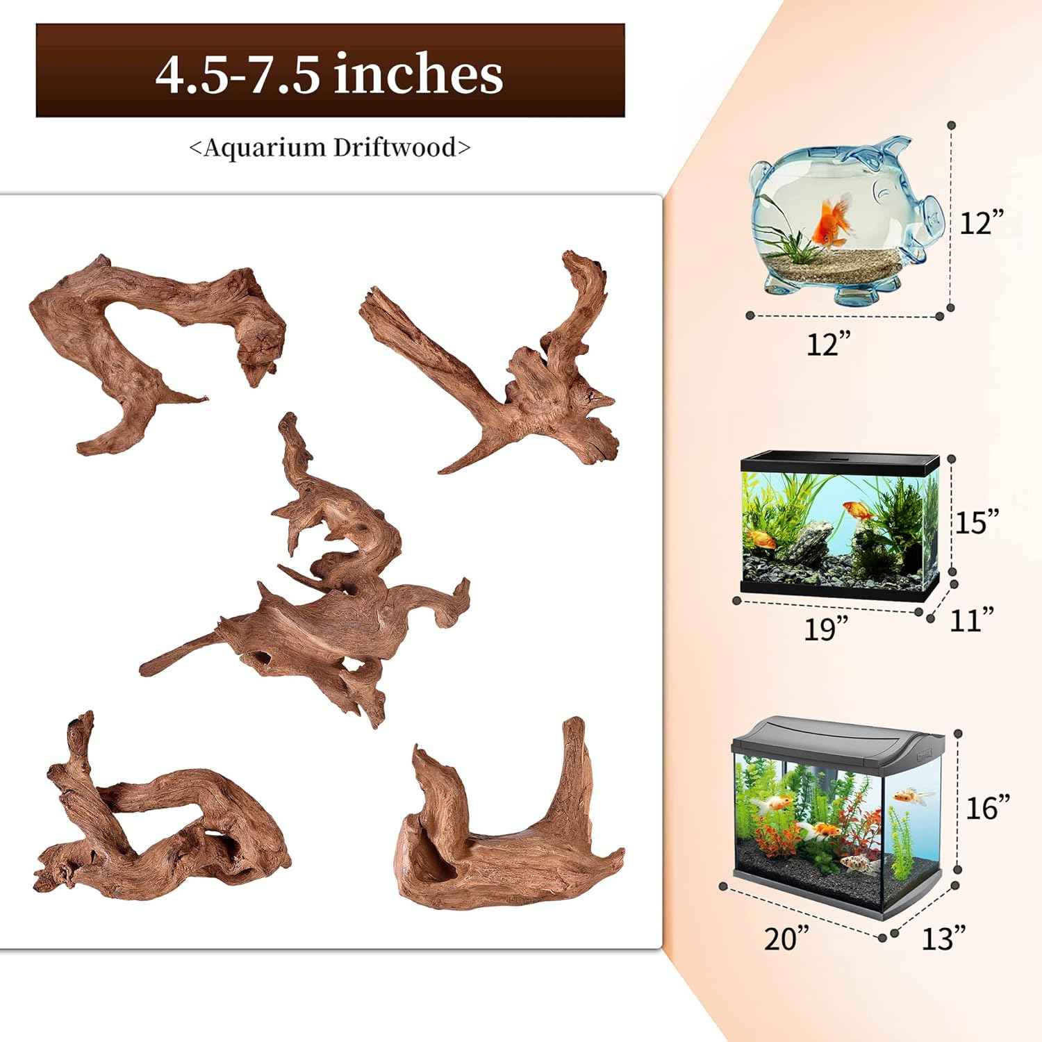majoywoo Natural Small Coral Driftwood for Aquarium Decor Fish Tank Decorations, Assorted Driftwood Branch 4.5-7.5" 5 Pcs, Reptile Decor