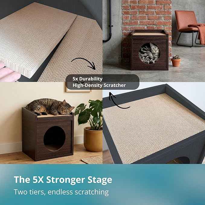 Meowdium Cat House – Cat Condo with Cardboard Scratcher, Scratching Post, Bed & Toy Storage, Cozy Cat Furniture & Accessories for Indoor Cats, Espresso