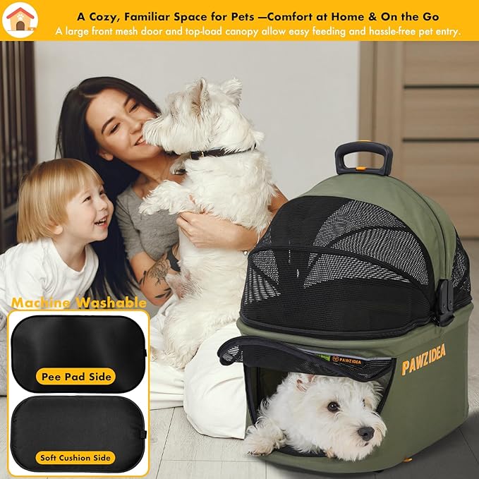 PAWZIDEA Portable Small Dog Crate for Car Travel, Enclosed Pet Car Seat for Small/Medium Dogs Cats up 33lb, Reversible No-Zip Canopy, Soft-Sided Pet Carrier Basket, Collapsible Dog Kennel, Metal Frame
