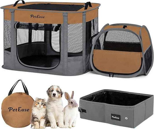 Portable Cat Playpen with Litter Box, Cat Enclosure for Camping, Cat Recovery Playpen After Surgery, Foldable Indoor Outdoor Pet Tent for Cats Rabbits Puppies (Brown)