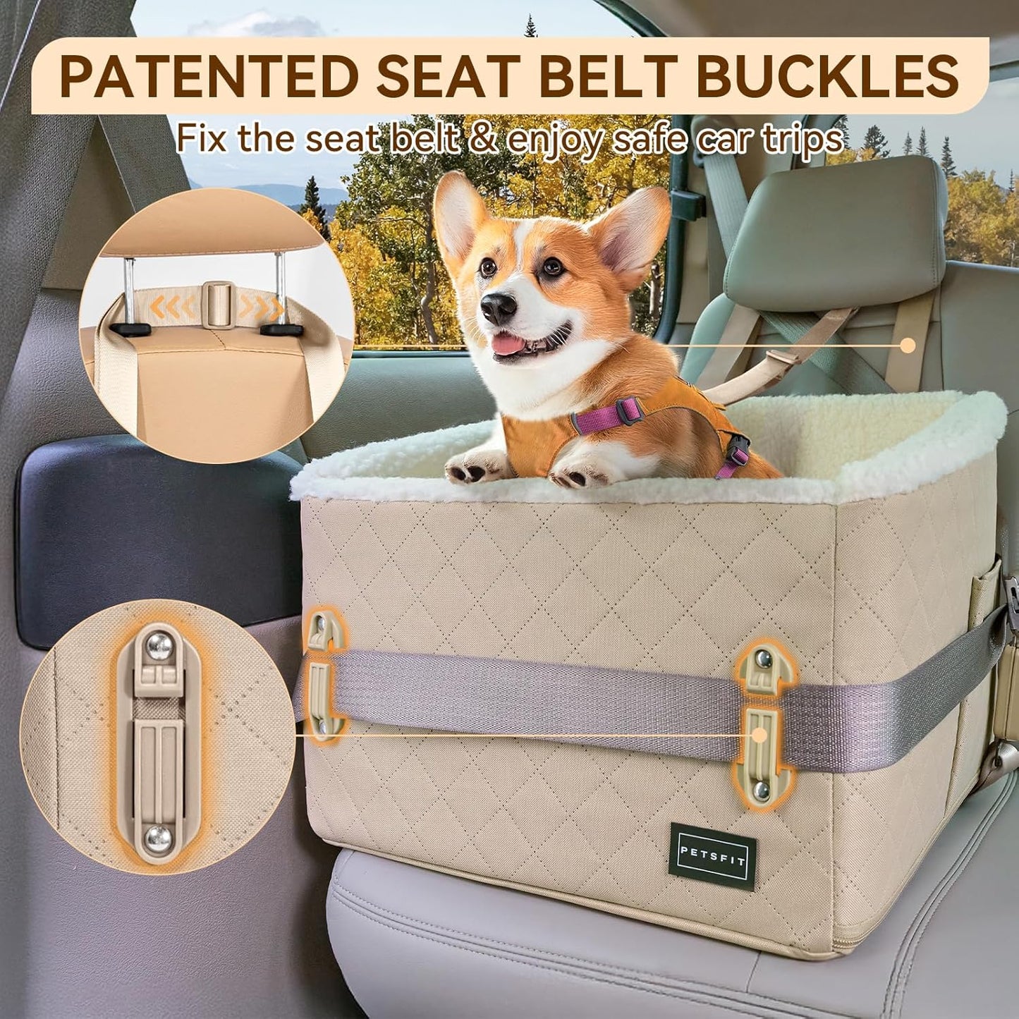 PETSFIT Small Dog Booster Car Seat, Soft Foam Puppy Carseat with Patented Safety Buckles, Storage Pockets and Detachable Clip-On Safety Leash, Dog Car Booster Seat for Medium Pet Under 30 LBS (Khaki) - Pet Explorer