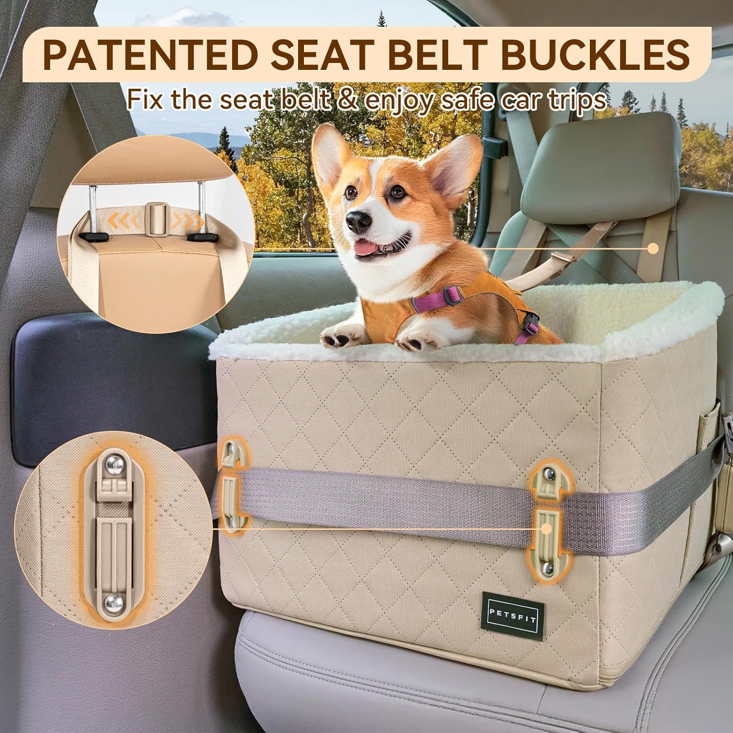 PETSFIT Small Dog Booster Car Seat, Soft Foam Puppy Carseat with Patented Safety Buckles, Storage Pockets and Detachable Clip-On Safety Leash, Dog Car Booster Seat for Medium Pet Under 30 LBS (Khaki) - Pet Explorer