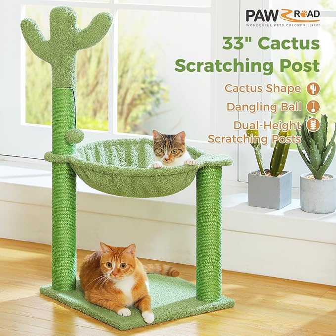 PAWZ Road Cactus Cat Tree, 33 Inchs Cat Tower with Large Soft Hammock and Fully Wrapped Sisal Scratching Post for Indoor Cats