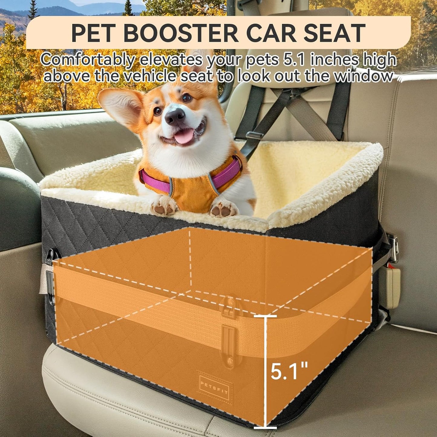 PETSFIT Dog Car Seats for Small Dogs, Soft Foam Dog Booster Seat with Patented Safety Buckles, Storage Pockets and Detachable Clip-On Safety Leash, Dog Car Seat for Medium Dogs 30 LBS (Black) - Pet Explorer