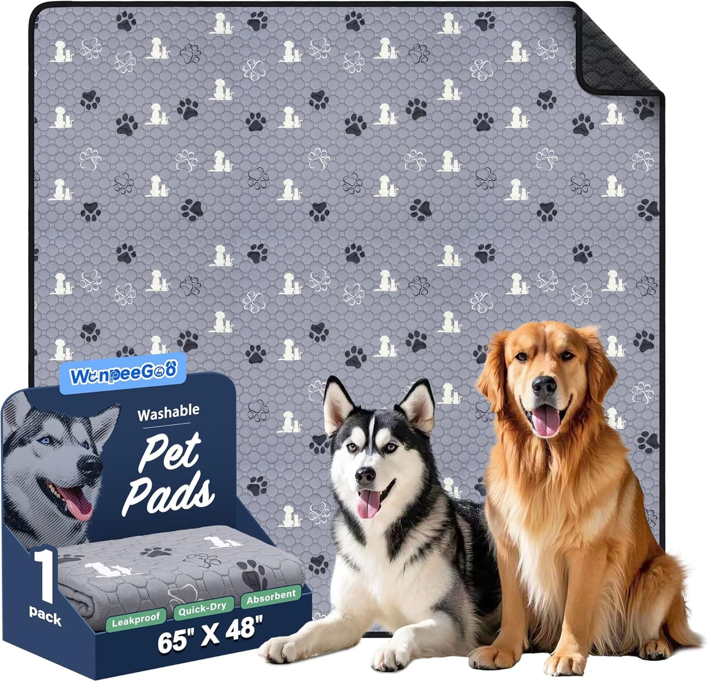 Washable Pee Pads for Dogs, Extra Large Dog Mat, Absorbent Reusable Training Dog Pads Pet Puppy Pads, Non-Slip Potty Pads for Whelping, Playpen, Crate, Bed, Grey 65"x48" - Pet Explorer