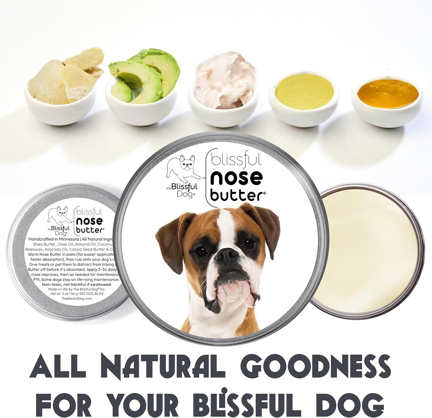 The Blissful Dog Fawn Boxer Nose Butter for Dry, Cracked Skin, Lick-Safe Dog Nose Balm with Moisturizing Shea Butter, Almond, Olive, and Essential Oils, Pet Supplies, Uncented, 8 oz. - Pet Explorer