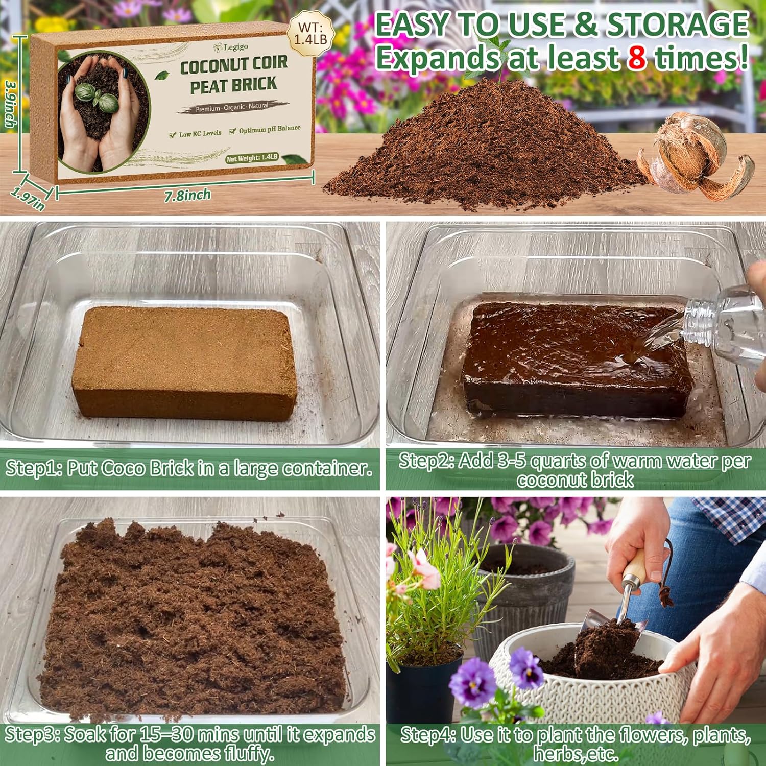 Legigo 2 Pack Premium Coco Coir Brick for Plants- 100% Organic Compressed Coconut Coir Bricks Starting Mix, Coco Coir Fiber Coconut Husk for Planting, Gardening, Potting Soil Substrate, Herbs - Pet Explorer