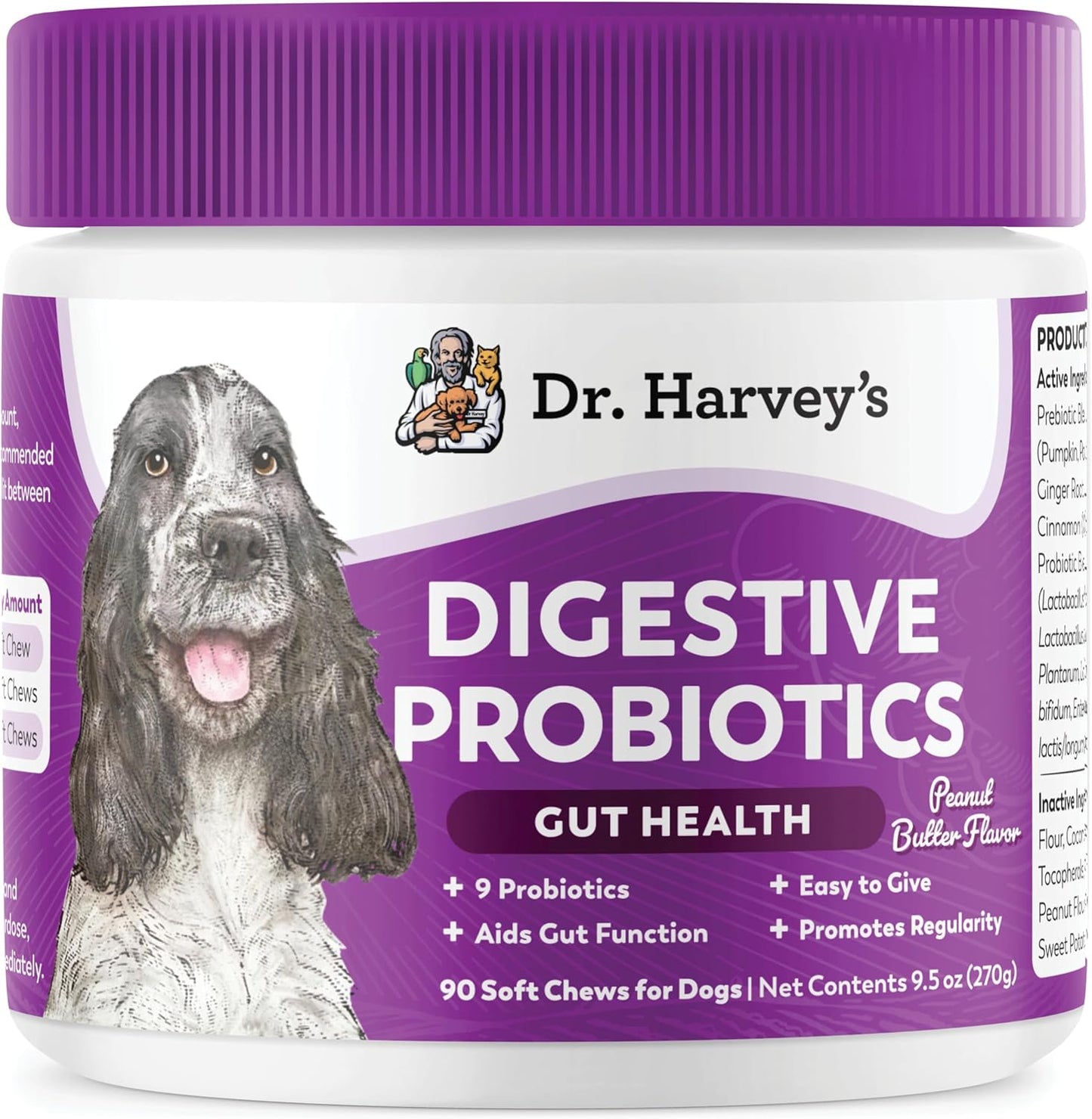 Dr. Harvey's Digestive Probiotic Soft Chews for Dogs, 7 Probiotics for Gut Health, Diarrhea and Bowel Support, Peanut Butter Flavor (90 Chews) - Pet Explorer