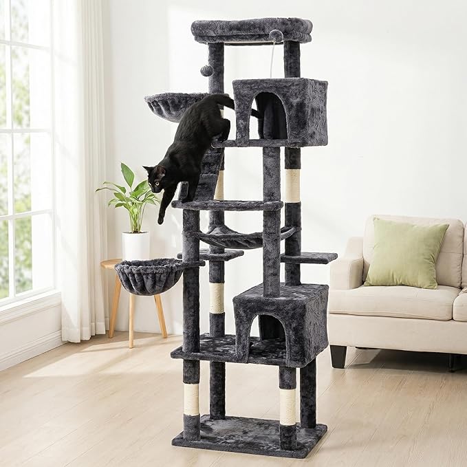 Large Cat Tree with Scratching Posts, Bed, Hammocks & Condos – Multi-Level Cat Tower for Playful Cats, 73" Modern Jungle Gym for Multiple Cats, Grey